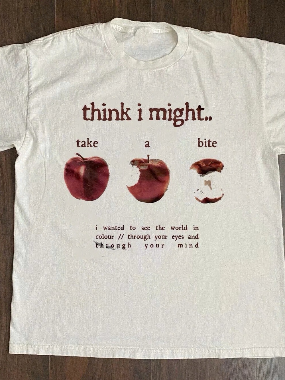 Gildan White Tee with Red Apple Graphic - "think i might.."